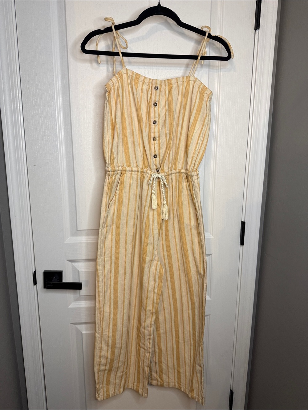 Rip Curl Yellow & Cream Striped Tie-Waist Jumpsuit with Buttons